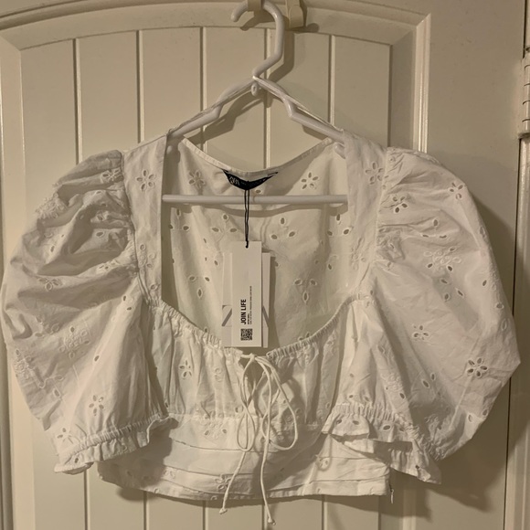 ZARA embroidered eyelet crop top white L - Picture 6 of 7